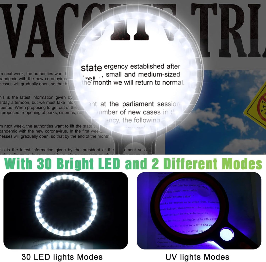 Lupe mit Licht mit 30 LED, 30X 45X 60X Leselupe mit Licht Gross, 30 Fach Vergrösserung Handlupe mit