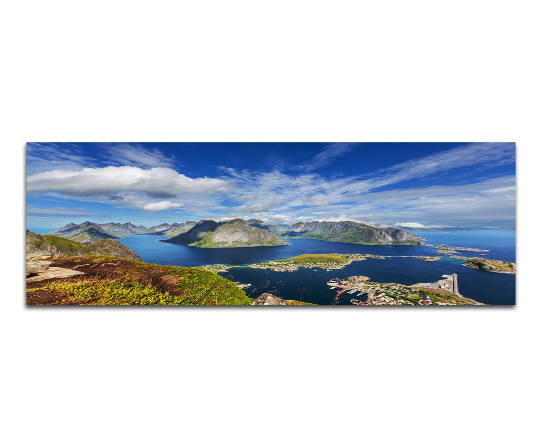 Paul Sinus Art Panoramabild auf Leinwand und Keilrahmen 150x50cm Norwegen Lofoten Berge Wasser Wolke