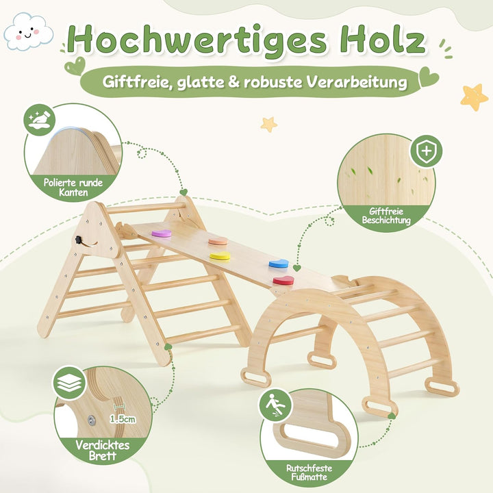 Froadp Klettergerüst Indoor 3-in-1 mit Rutsche und Kletterbogen Kletterdreieck aus Naturholz Klappba