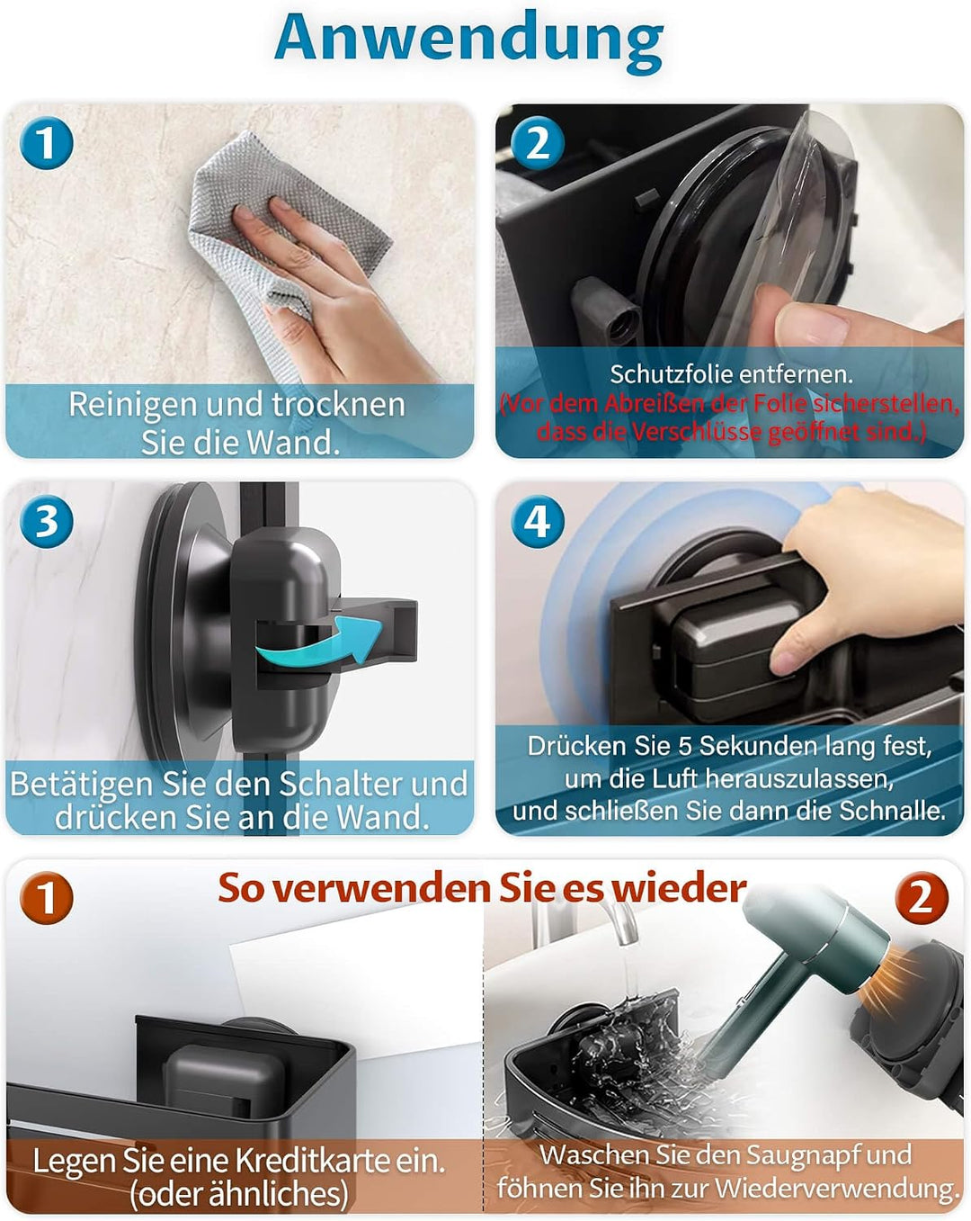 2 Stück Duschregal Ohne Bohren mit Saugnapf, Wasserdicht Badregal Abnehmbarer Bad-Organizer mit Hand