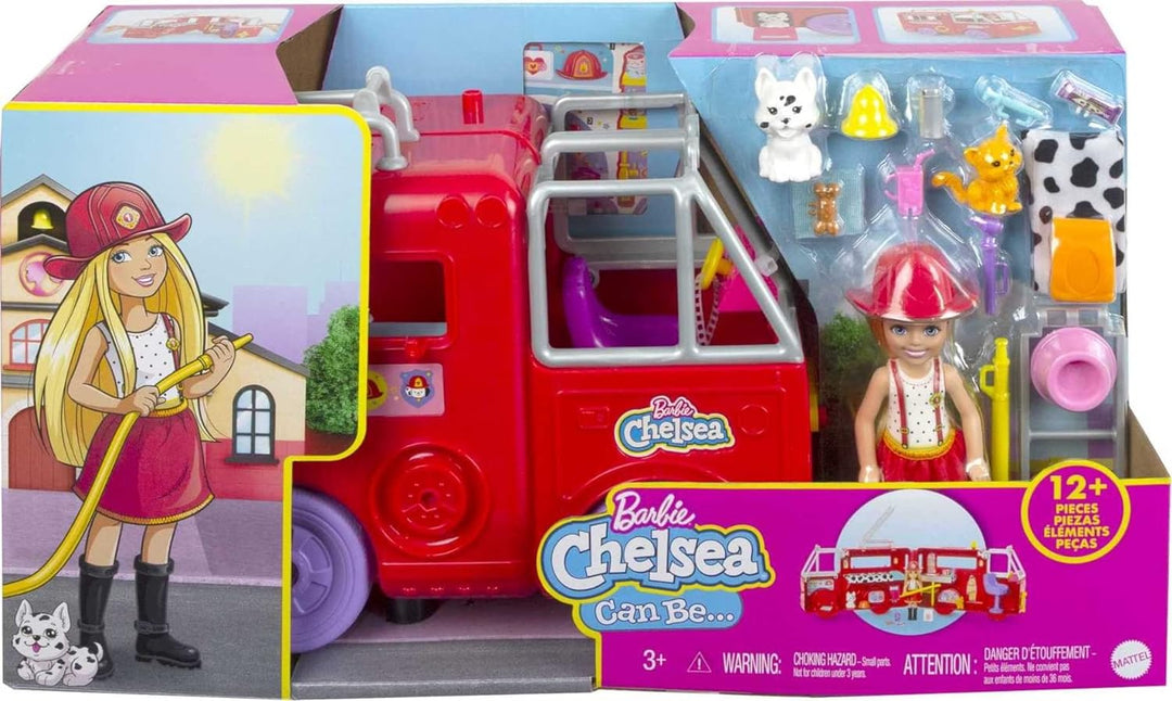 Barbie HCK73 - Feuerwehrauto Spielset, Chelsea Puppe (ca 18 cm), ausklappbares Feuerwehrauto, 15+ Zu
