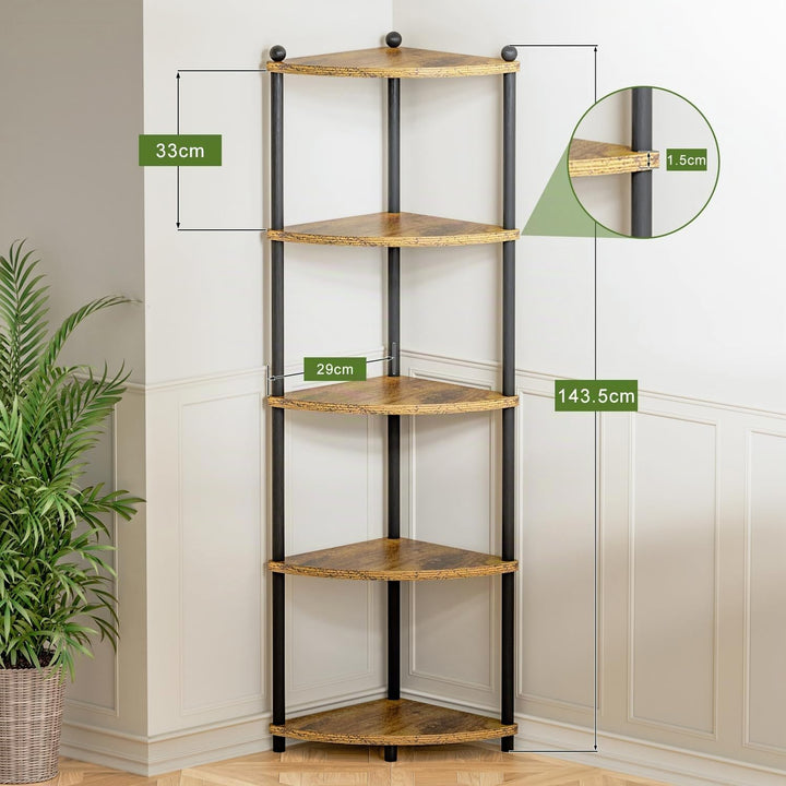 Ruichang Eckregal stehend mit 5 Ebenen, bücherregal Holz, Standregal, Aufbewahrungsregal, Lagerregal