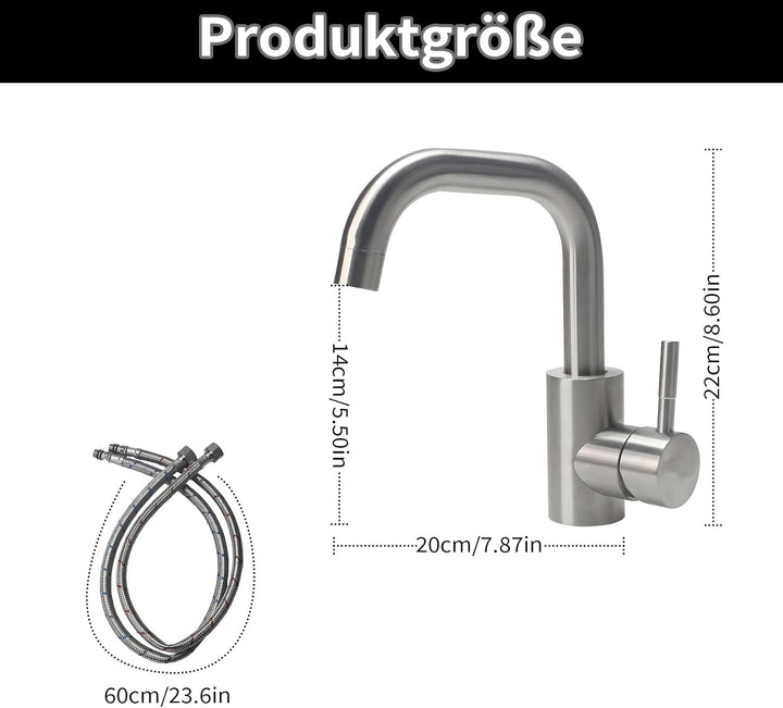 Gebürstet Chrom Wasserhahn Küche - Wasserhahn Bad, 360°Drehbar Waschbecken, Edelstahl Waschtischarma