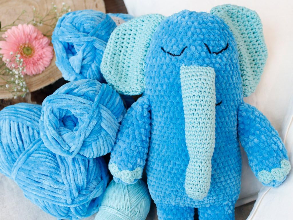 myboshi Samt, 100% Chenille-Garn, Blau - Elefant, 100g, 100m, 5 Knäuel, Wolle zum Häkeln und Stricke