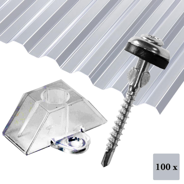 Befestigungs-Set: Spenglerschraube mit Bohrspitze & Bohrflügel + Abstandshalter für Trapezwellplatte