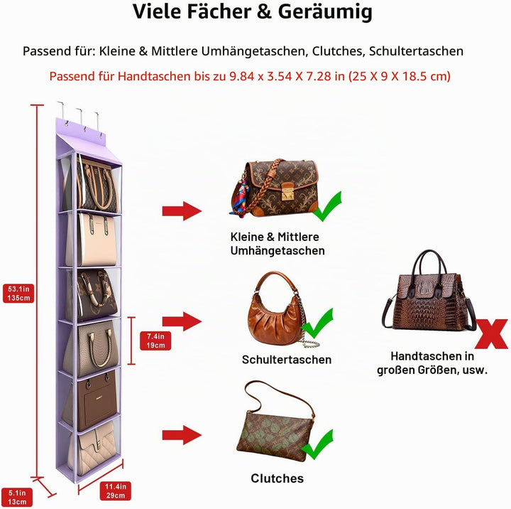 Lirex Geldbörsen-Organizer, 6 Taschen Handtaschen-Organizer mit Reissverschluss zum Aufhängen, für S