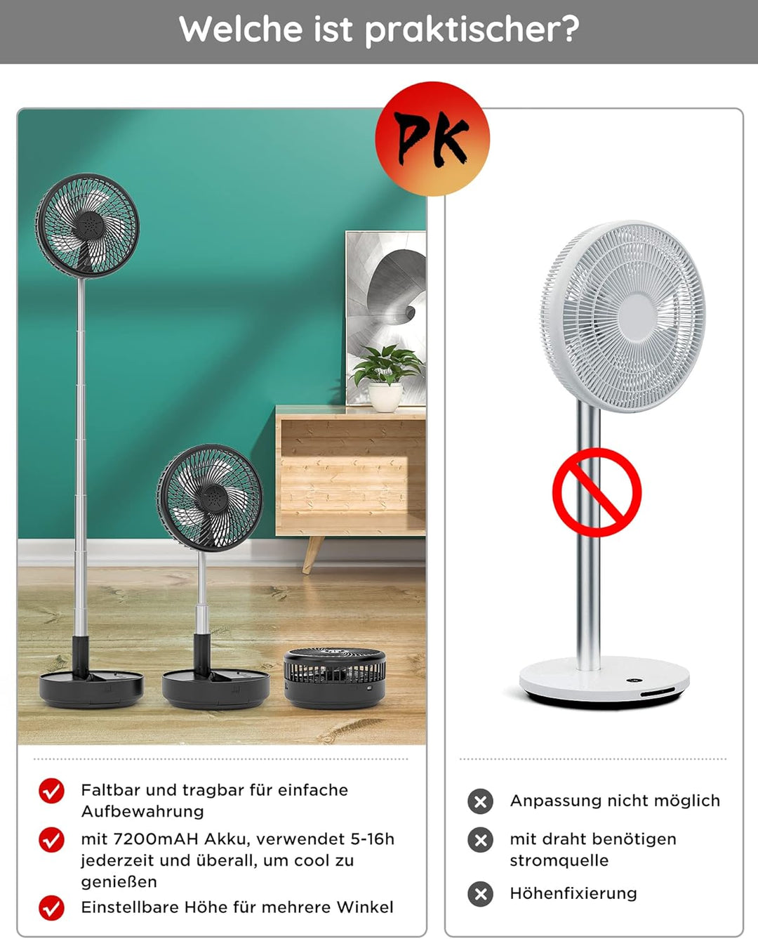 Tragbarer oszillierender Ventilator, höhenverstellbarer Ventilator mit Fernbedienung, faltbarer Vent