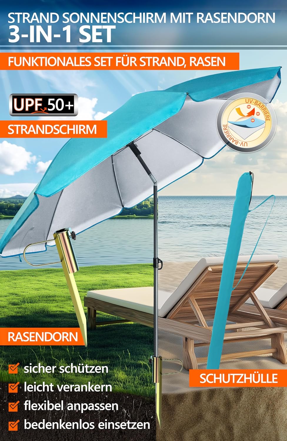 4smile Sonnenschirm Strand Ø 200 cm, 3-in-1 SET mit Rasendorn, Türkis | Strandschirm windfest stabil