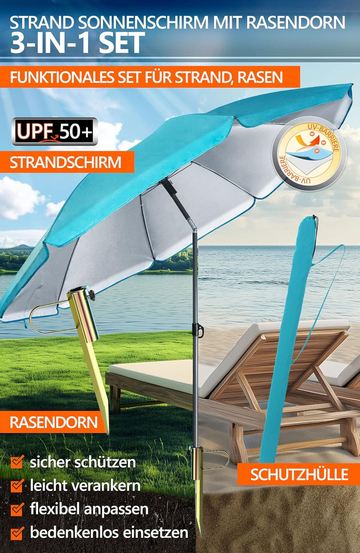 4smile Sonnenschirm Strand Ø 200 cm, 3-in-1 SET mit Rasendorn, Türkis | Strandschirm windfest stabil