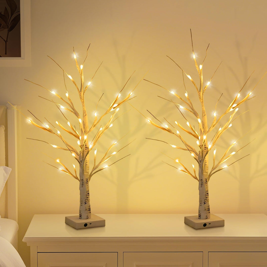 2er Set Lichterbaum Birke 60cm mit 24 Warmweissen LEDs, Verstellbare Äste Christmas LED Baum Dekolic