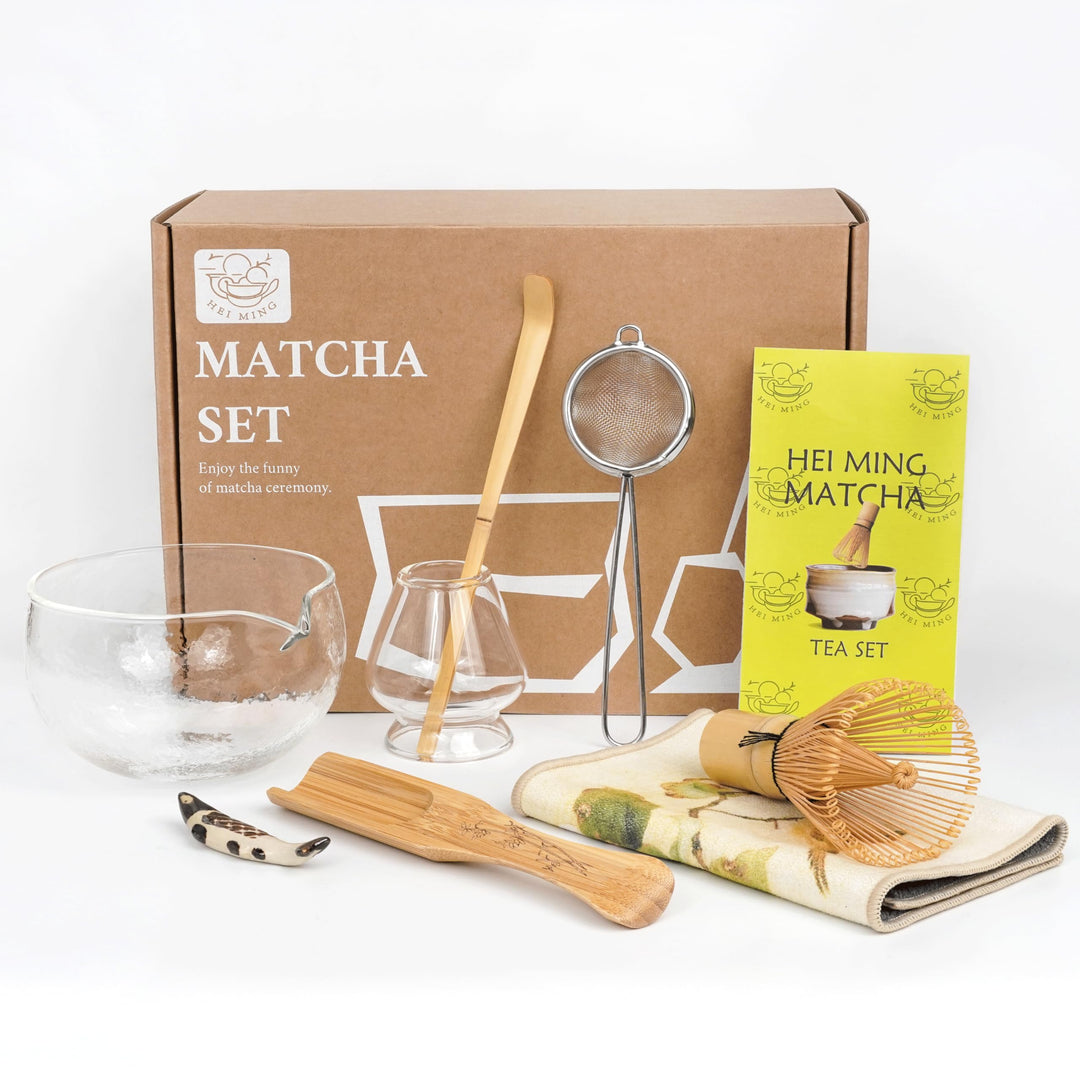 Matcha Set hat 8 Teile, Zeremonielles Matcha Tee Set, Glas Matcha Schale und handgemachter Matcha Sc