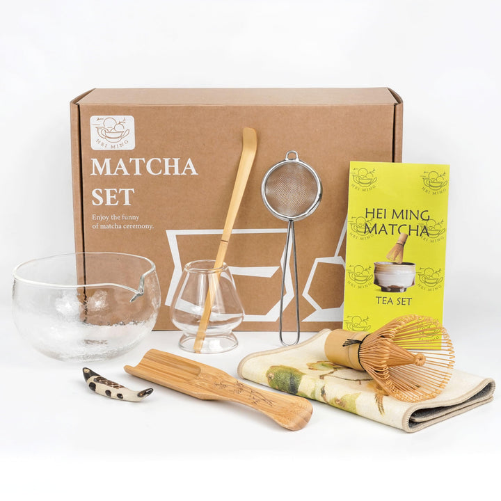 Matcha Set hat 8 Teile, Zeremonielles Matcha Tee Set, Glas Matcha Schale und handgemachter Matcha Sc