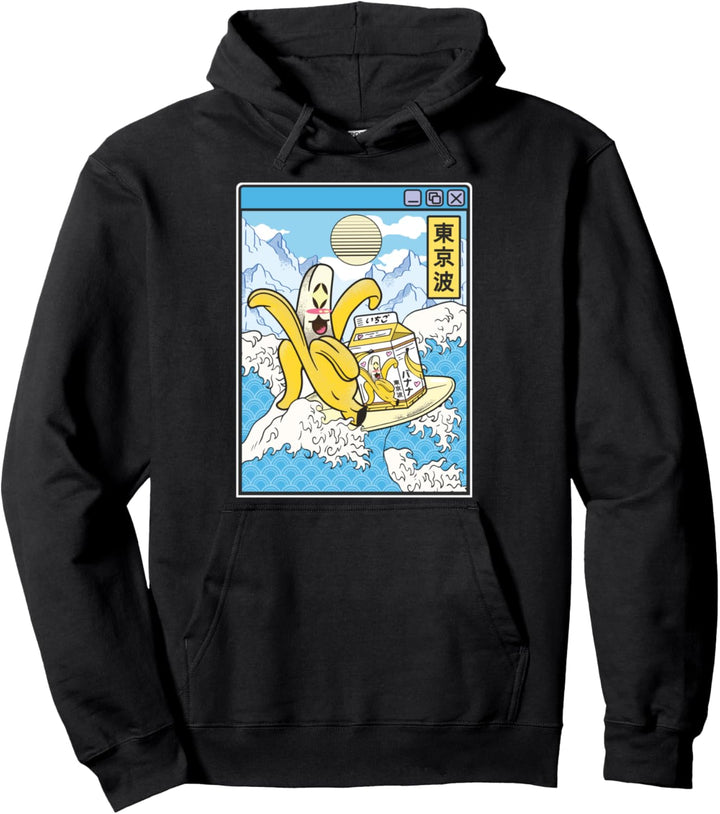 Banane mit Milchkarton, Surfing Japan Waves Kawaii Vaporwave Pullover Hoodie