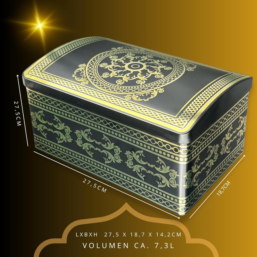 Grosse Ornament Truhe - schwarze Stollendose mit goldfarbenen Ornamenten - lebensmittelecht - Aufbew