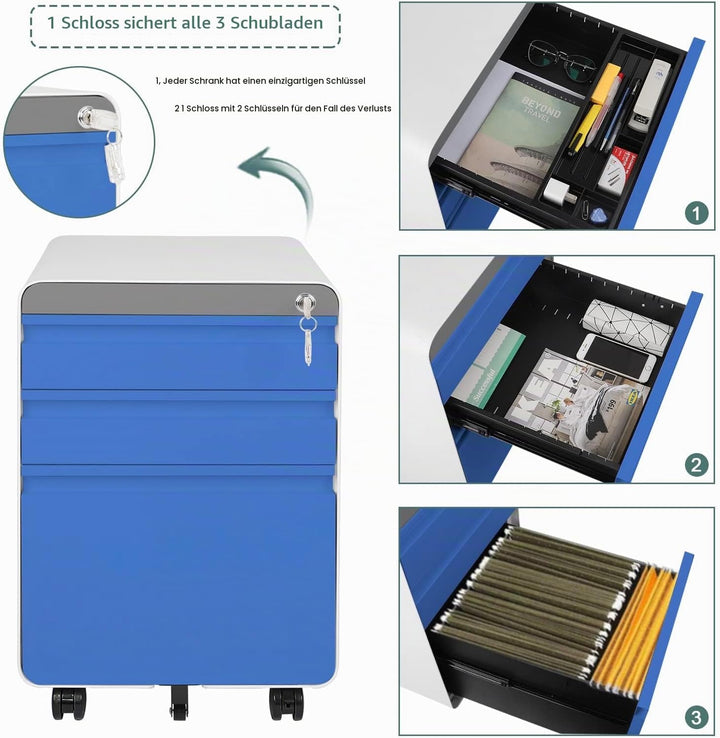 Dripex Metall Rollcontainer Stahl Rollcontainer mit 2 Schubladen und Hängeregistratur Abschliessbare