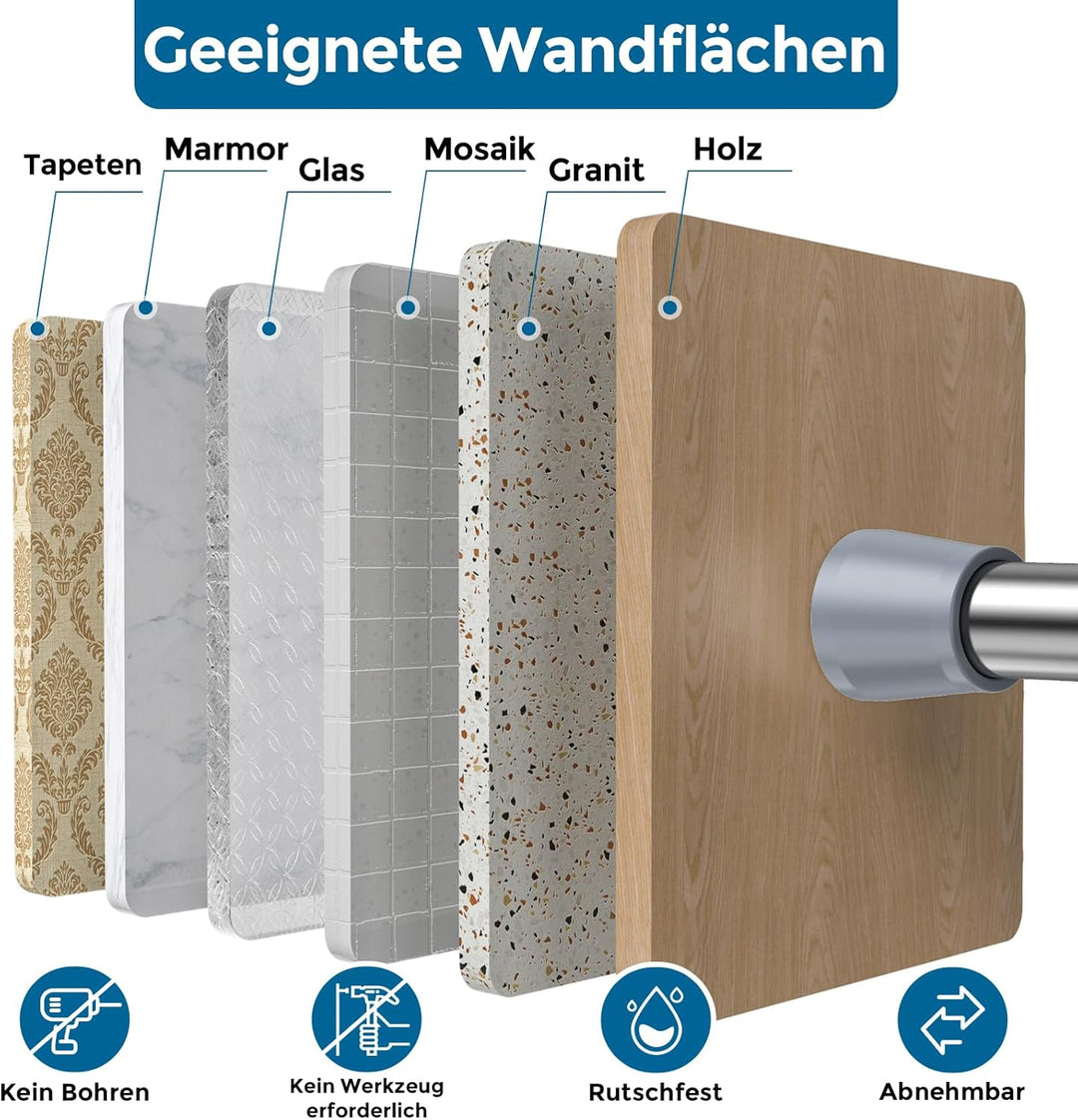 AIZESI Gardinenstange ohne Bohren Duschvorhangstange Teleskopstange ohne Bohren 110-185cm, Ø22mm Sil
