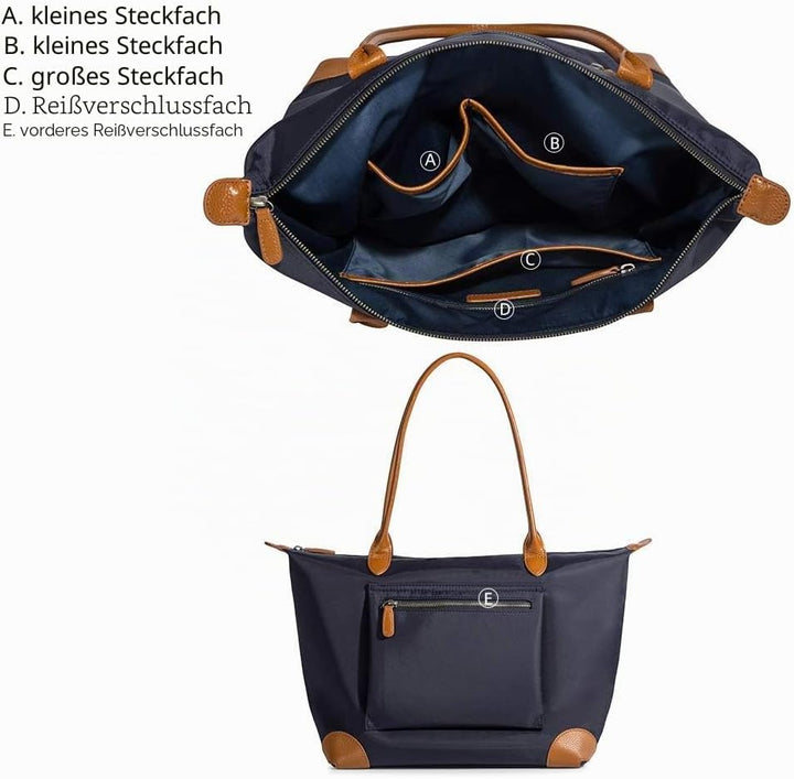 DORIS&JACKY Tragetasche für Damen, grosse, leichte Leder-Nylon-Arbeitsumhängetasche und faltbare Rei