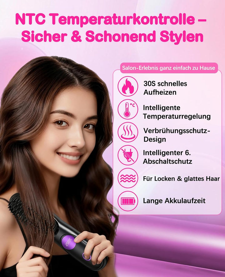 Stylingbürste für Kurze Haare, Glättbürste Kabellos, Wiederaufladbare Haarglätter Bürste mit LED-Anz