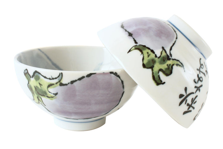 Mino ware Eierpflanze, japanische Keramik, Reisschalen, Gemüsemuster, hergestellt in Japan, 2 Stück