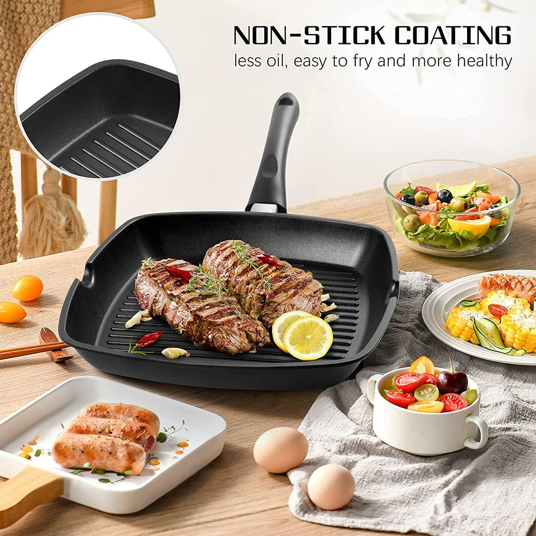 Grillpfanne 28×28 cm, Steakpfanne Induktion aus Aluminiumguss, induktionsgeeignet Pfanne, PFOA-freie