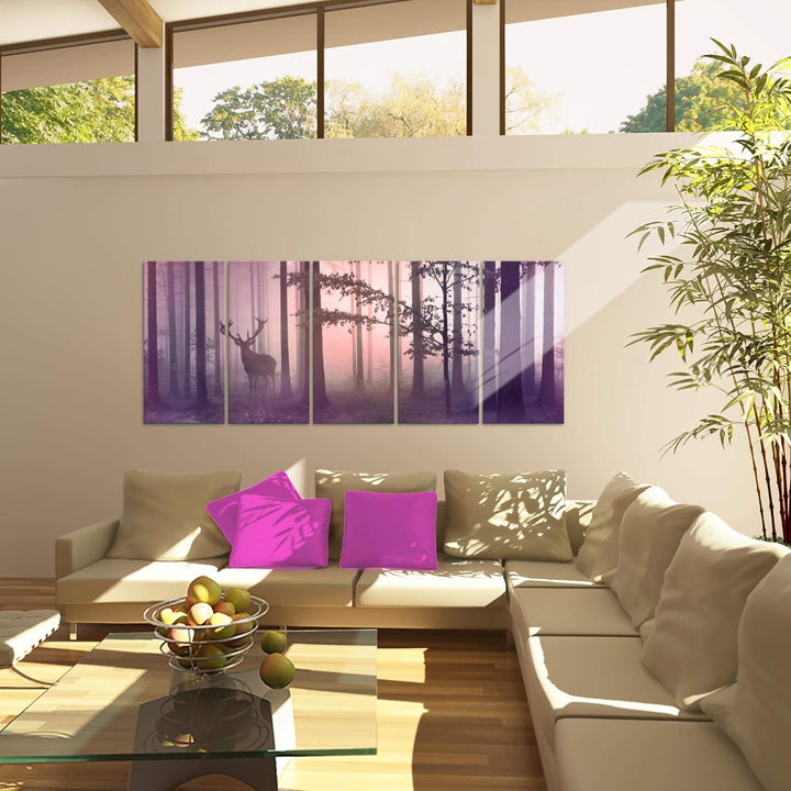 Runa Art Wandbild XXL Wald Hirsch Schlafzimmer Wohnzimmer 200 x 80 cm Rosa 5 Teilig - Made in German