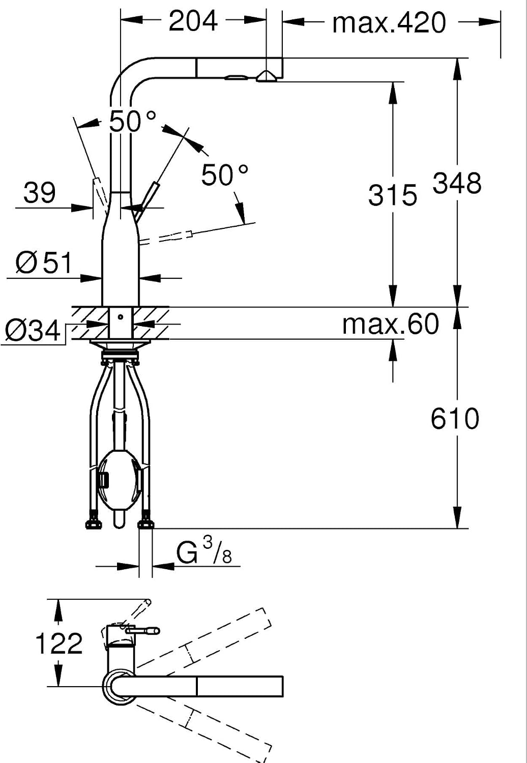GROHE Essence, Küchenarmatur 2 Strahlarten (Wasserhahn Küche mit ausziehbarer Brause, 360° schwenkba