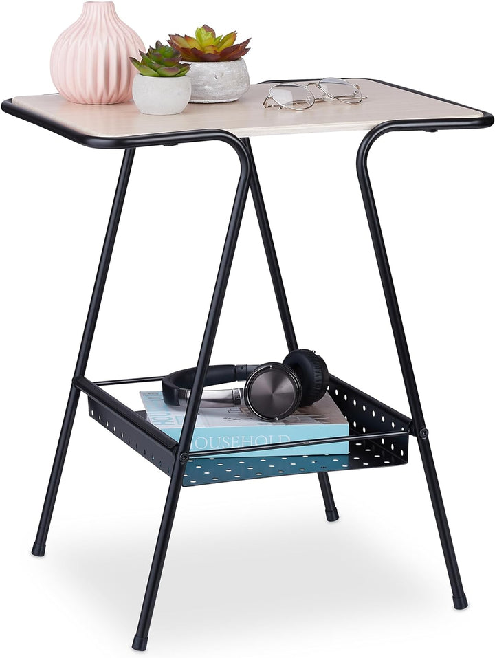 Relaxdays Beistelltisch mit Magazinablage, Metall, MDF, Tischplatte in Holzoptik, Beitisch HBT 55x45