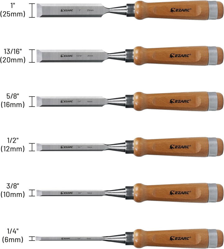 EZARC Stechbeitel Set für Holz, 6-teilig Stemmeisen Set für Holzarbeiten, Stecheisen Satz für Anfäng