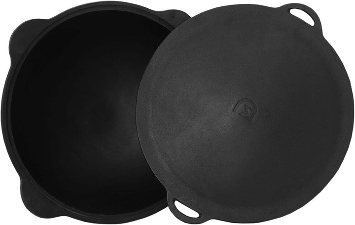 Gusseisen Kasan 12L eben NAMANGAN mit Deckel-Grillplatte Campingtopf Kazan WOK Kessel BBQ Asia Grill