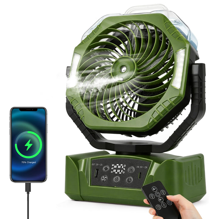 JONRRYIN Camping Ventilator, 20000mAh Akku Ventilator mit Sprühfunktion &amp; USB, Tischventilator mit 3