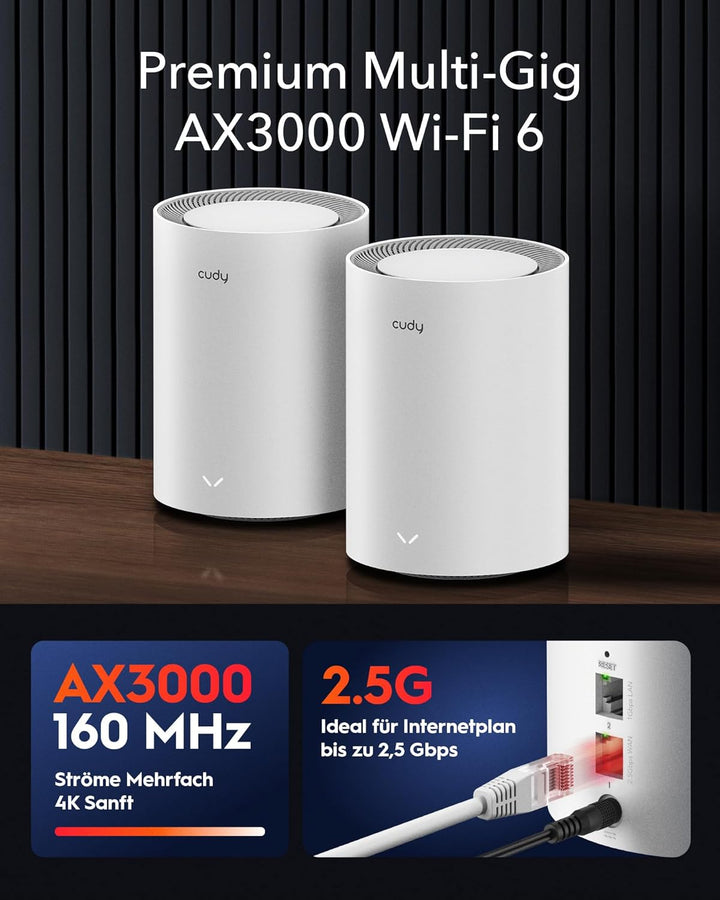 Cudy AX3000 WiFi 6 Mesh-System–deckt Bis zu 2500 m², Ersetzt Wireless-Router und Extender, 2,5 G WAN