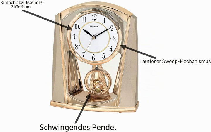 RHYTHM Tischuhr, Quarzwerk, beruhigendes Slow-Motion-Pendel, Gehäuse Kunststoff Champagner + goldfar