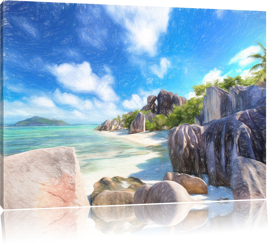 Pixxprint Seychellen Strand Kunst Buntstift Effekt, Format: 100x70 auf Leinwand, 100x70