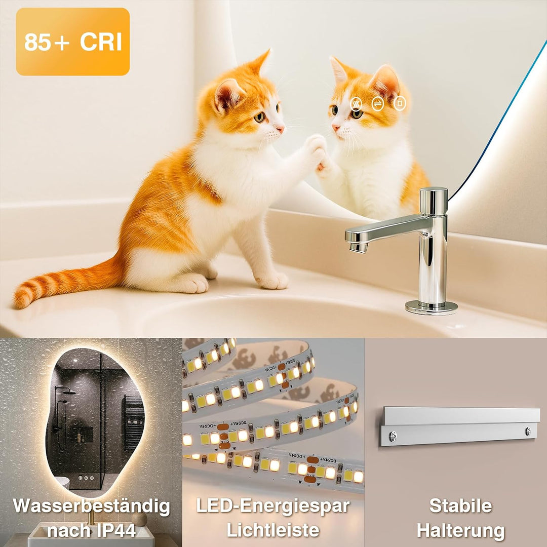Spiegel mit Beleuchtung Asymmetrischer, LED Badspiegel mit Touch-Schalter, 3 Lichtfarbe, Dimmbar, Be