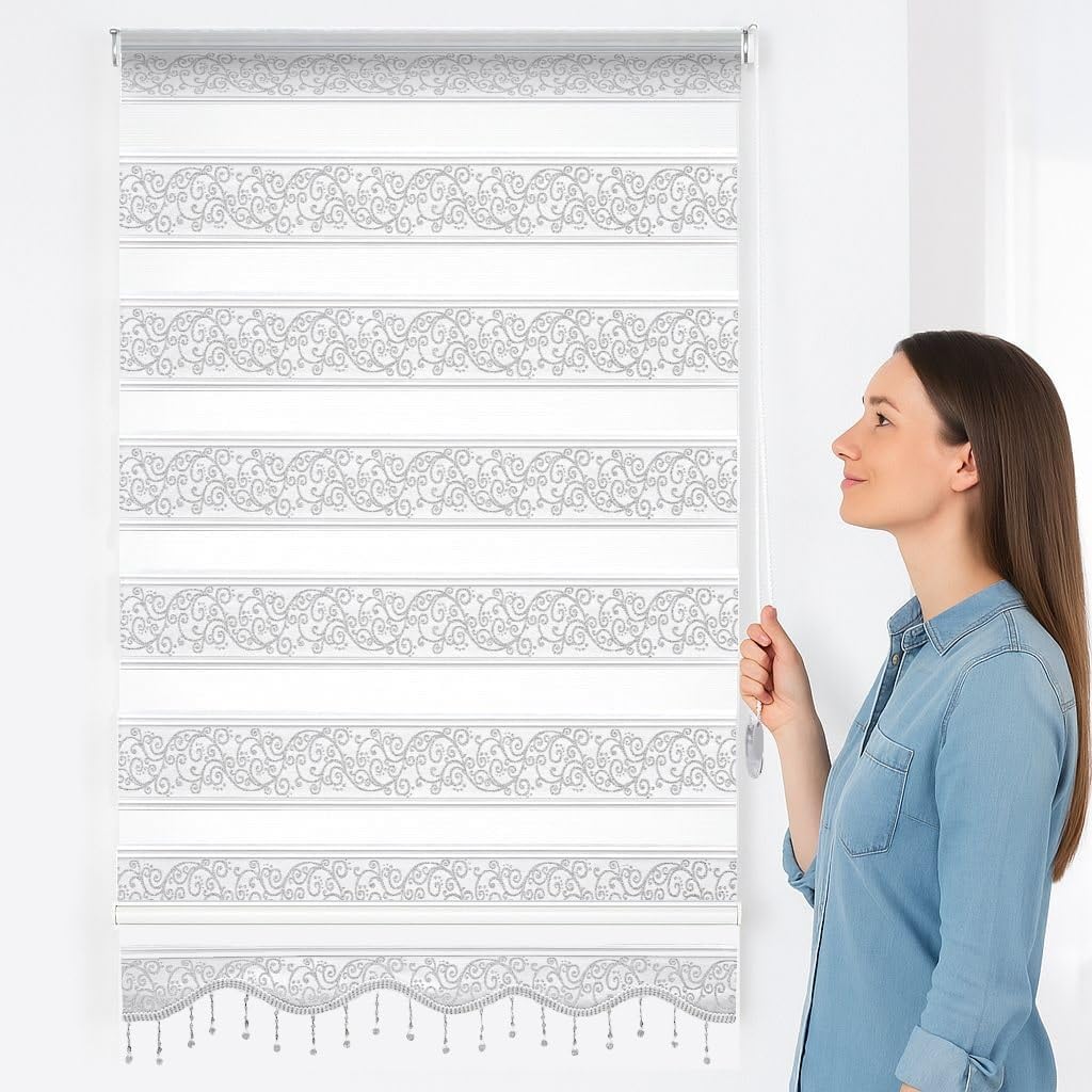 Doppelrollo Klemmfix ohne Bohren Duorollo Weiss Silber glitzert Raffrollo Fenster Tür Rollo Gardinen