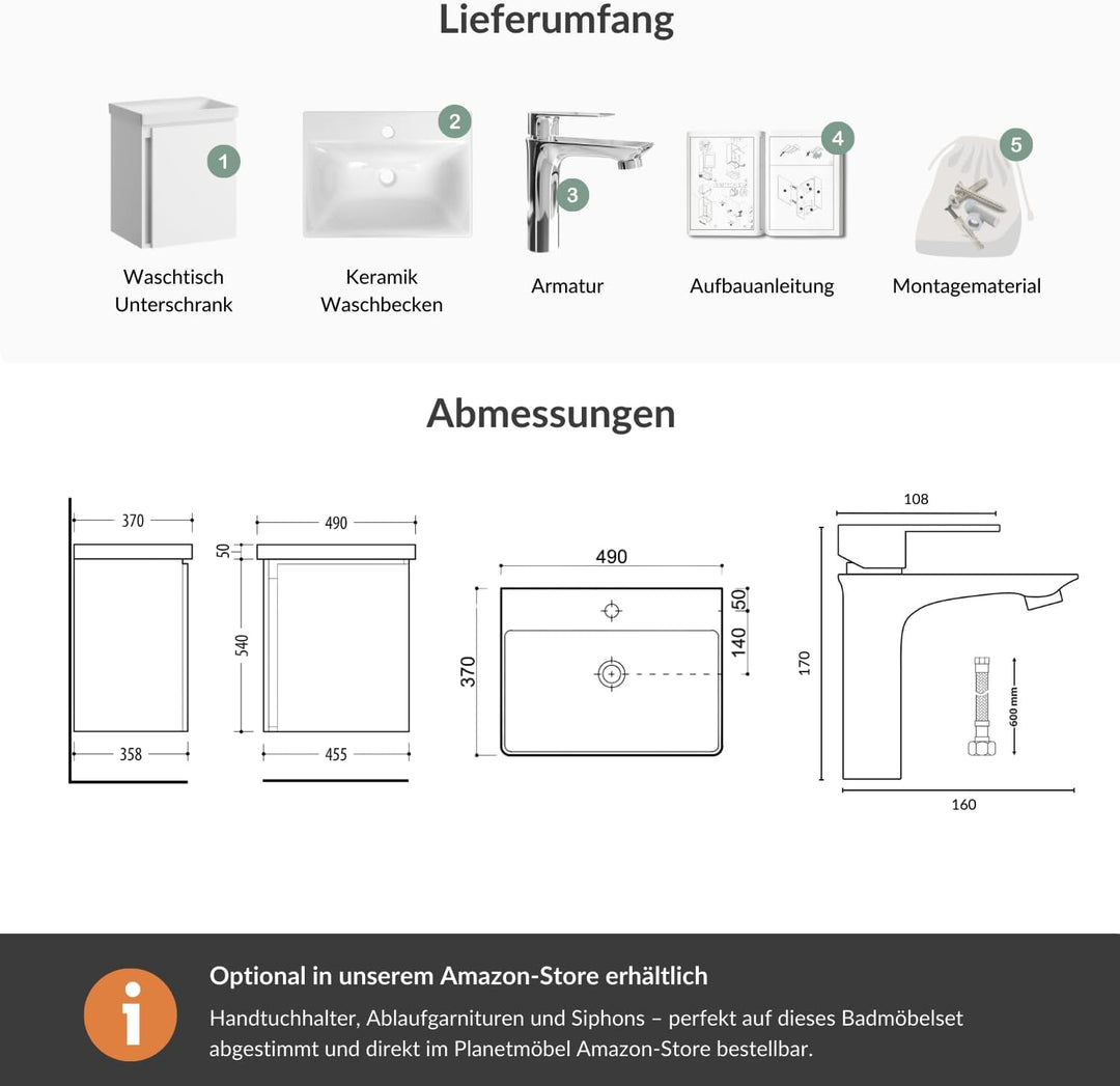 Planetmöbel Waschtisch mit Unterschrank 50 cm inkl. Waschtischarmatur Chrom, Badmöbel Set mit Waschb