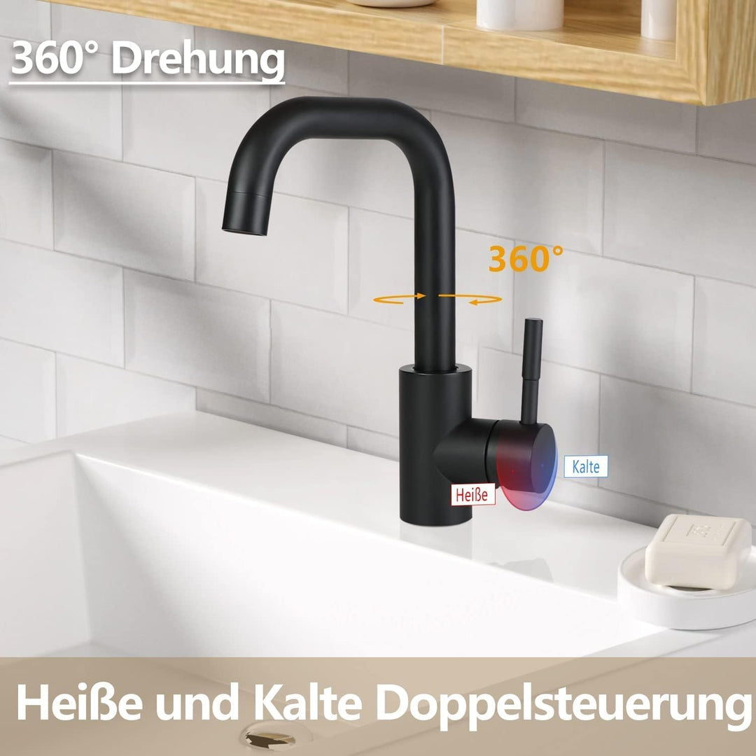 Wasserhahn Bad Waschtischarmatur Waschbecken - Schwarz Matt Armatur 360°Drehbar Kalt Warmwasserhahn