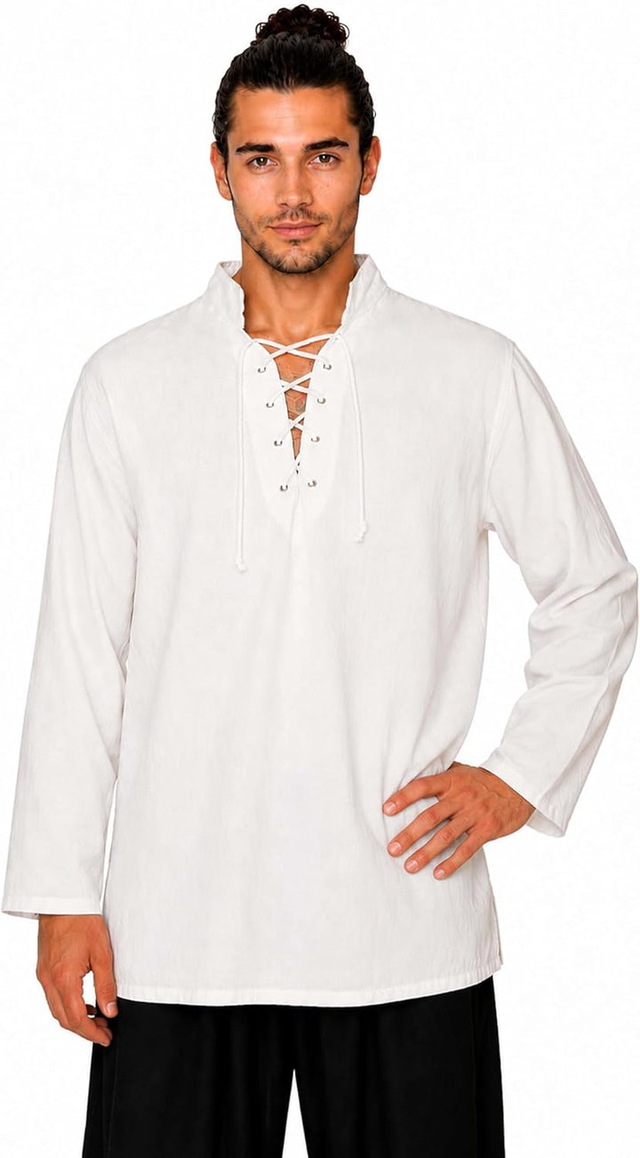 MAYLYNN Mittelalter Hemd Piratenhemd Wikinger Kelte Fischerhemd Yagumir, Gr. L L Weiss, L Weiss