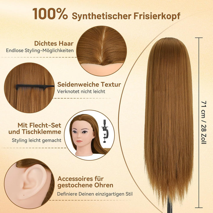 TwoWin Friseurkopf Echthaar mit Ohrlöchern, 71 cm (28 Zoll) 100% Synthetischer Mannequin Frisierkopf
