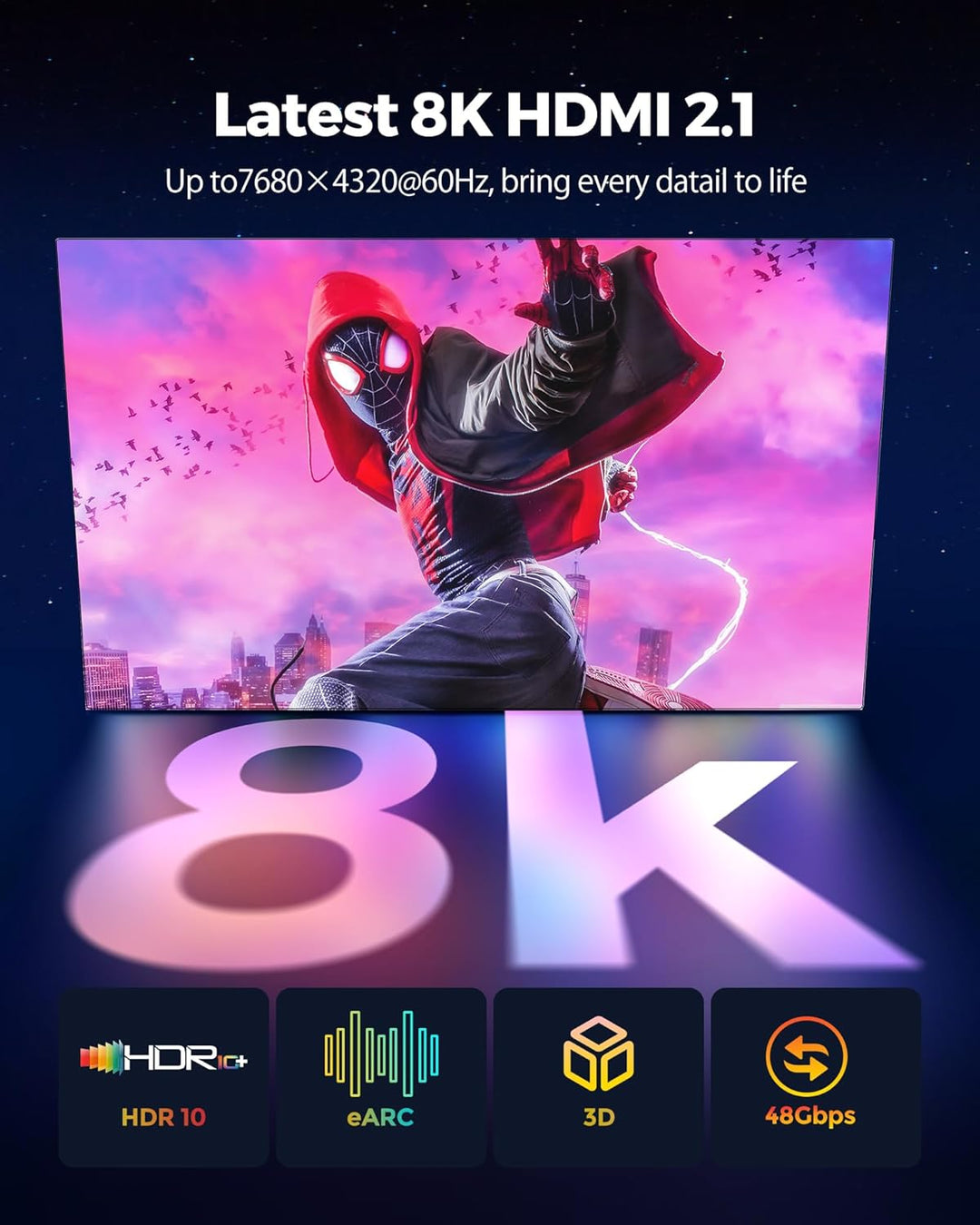 Silkland 8K HDMI 2.1 Kabel 10m, HDMI Kabel 4K@144Hz/120Hz 8K@60Hz,eARC, HDR10, Dolby Atmos, 48Gbps,