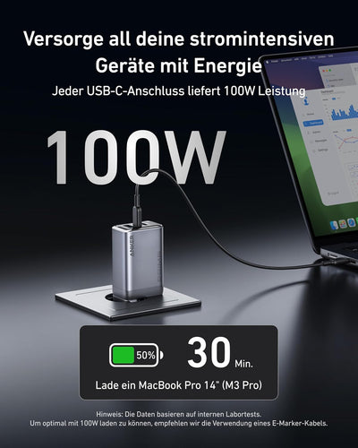 Anker Prime Ladegerät, 100W USB-C Ladegerät, 3 Port GaN faltbares und kompaktes Anker Wandladegerät,