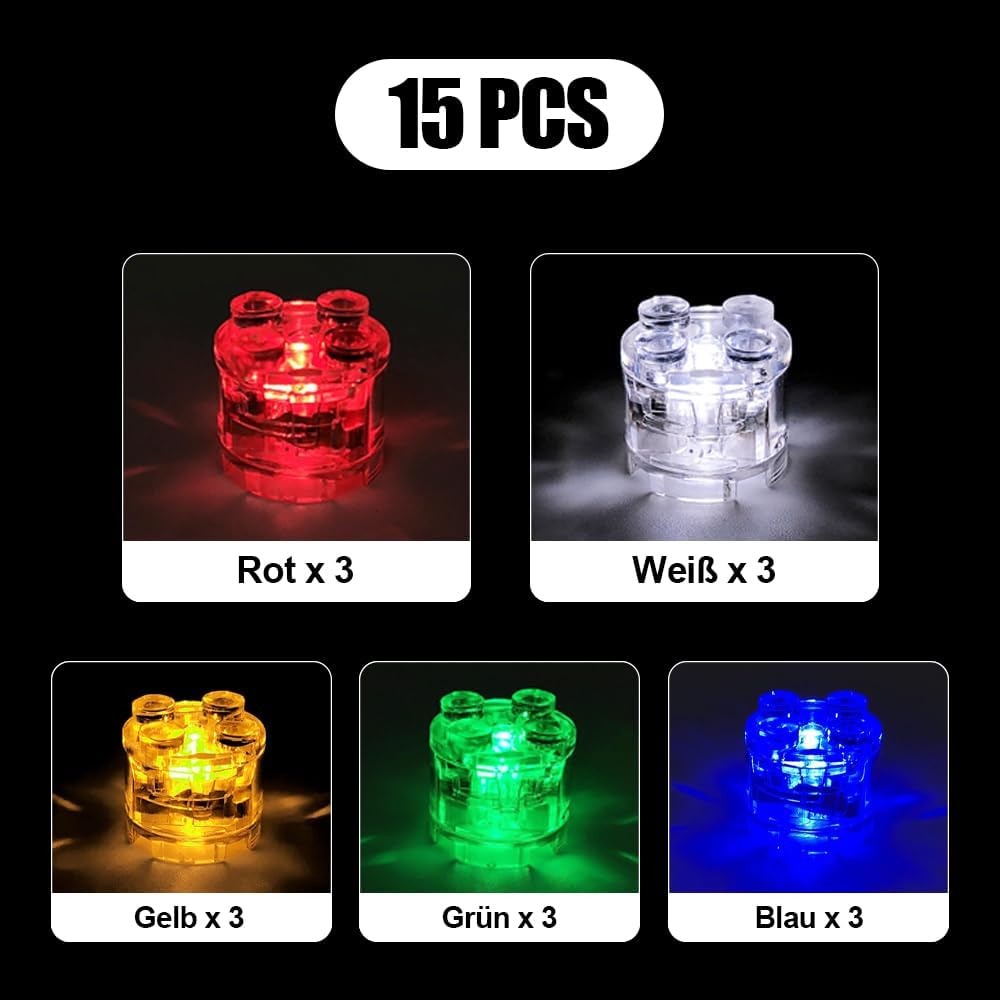 Joycabin 15 Stück Leuchtende Bausteine, 2x2 LED Leuchtsteine, Transparent Runde Bausteine Lampe, Bau