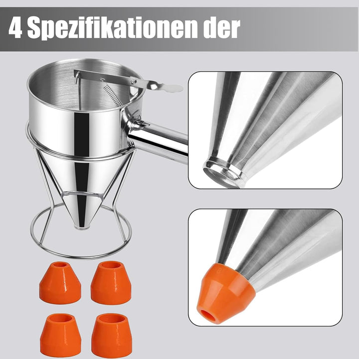 Pfannkuchen Teigspender, 600ml Pfannkuchen Teigspender Teigportionierer Edelstahl, Backtrichter Kolb