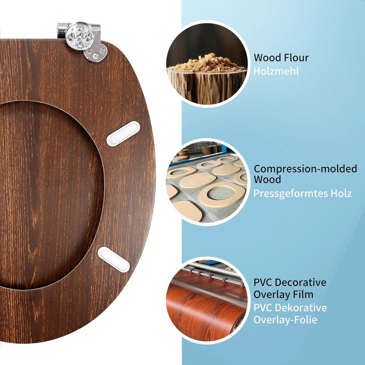 WC-Sitz mit Absenkautomatik, Toilettendeckel aus stabilem MDF-Holzkern, Verstellbare Scharniere aus