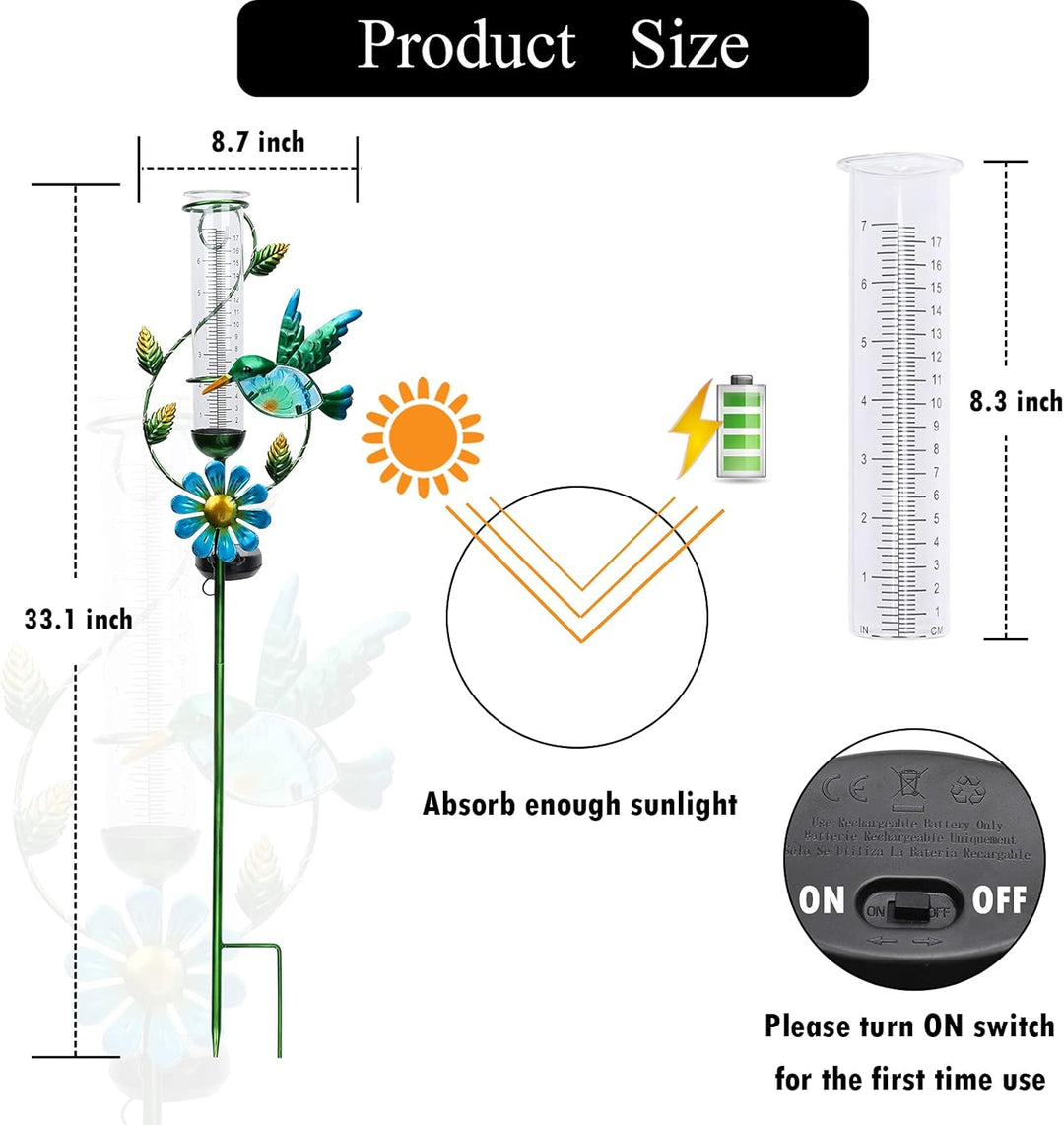 MUMTOP Regenmesser für den Aussenbereich – solarbetriebener Garten-Regenmesser, Metall-Kolibri-Blume