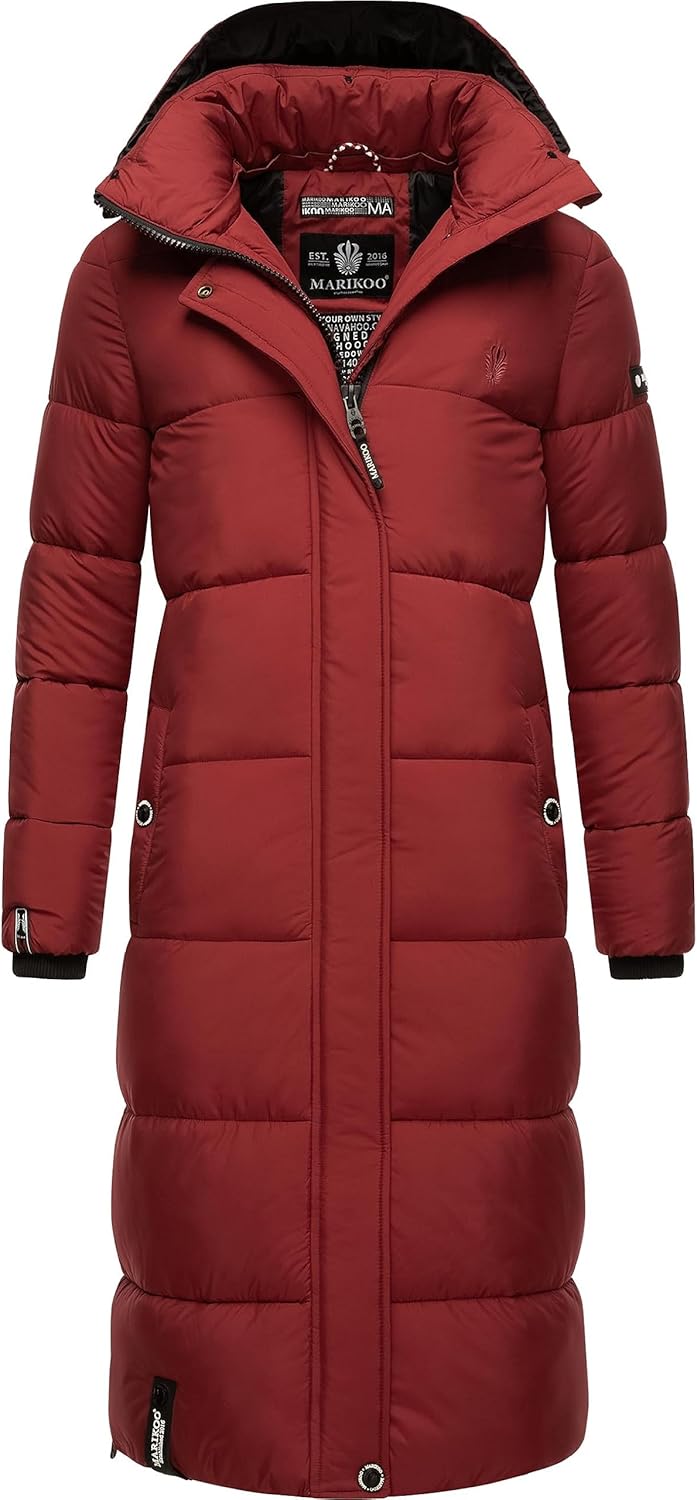 MARIKOO Damen Wintermantel warmer Steppmantel lang mit abnehmbarer Kapuze Reliziaa XS-XXL L Dark Red