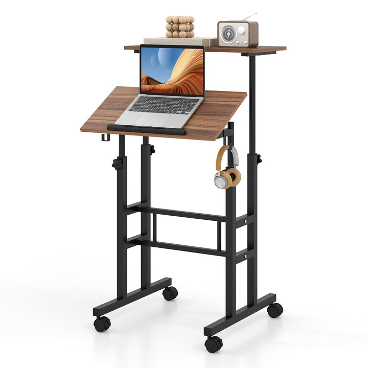 COSTWAY Stehpult Höhenverstellbar, mobiler Computertisch mit Rollen, neigbarer Tischplatte & 2 Haken
