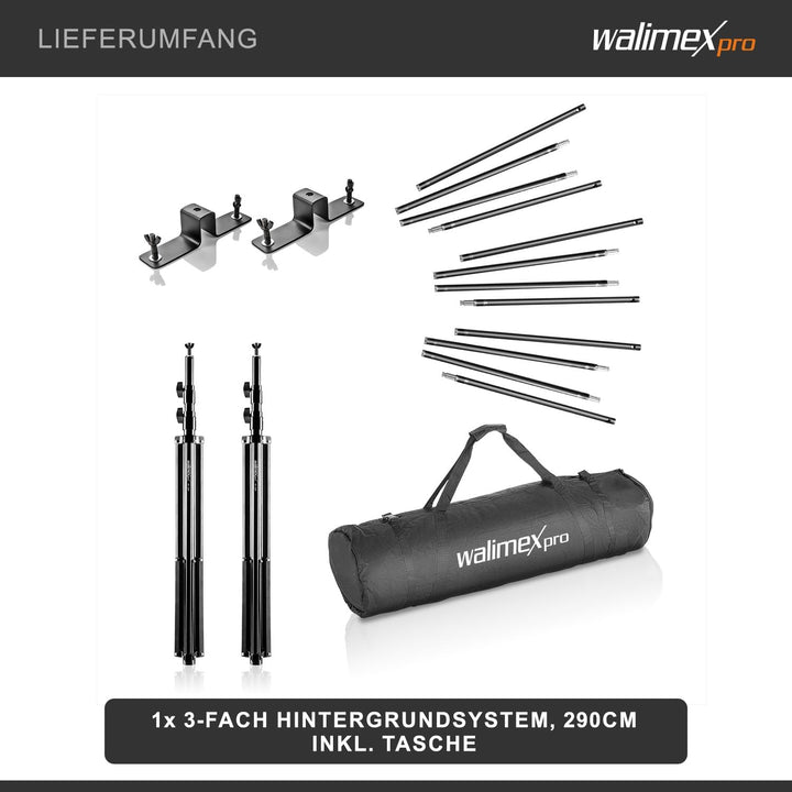 Walimex pro 3-fach Hintergrundsystem 145-290cm I für bis zu 3 Leinwände aus Papier & Stoff I stabile