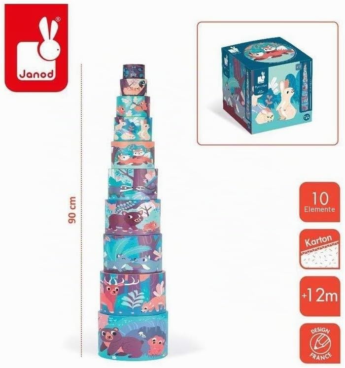 Janod - Runde Pyramide Tiere des Waldes - Baby- und Kleinkindspielzeug - Spielzeug zum Stapeln und S