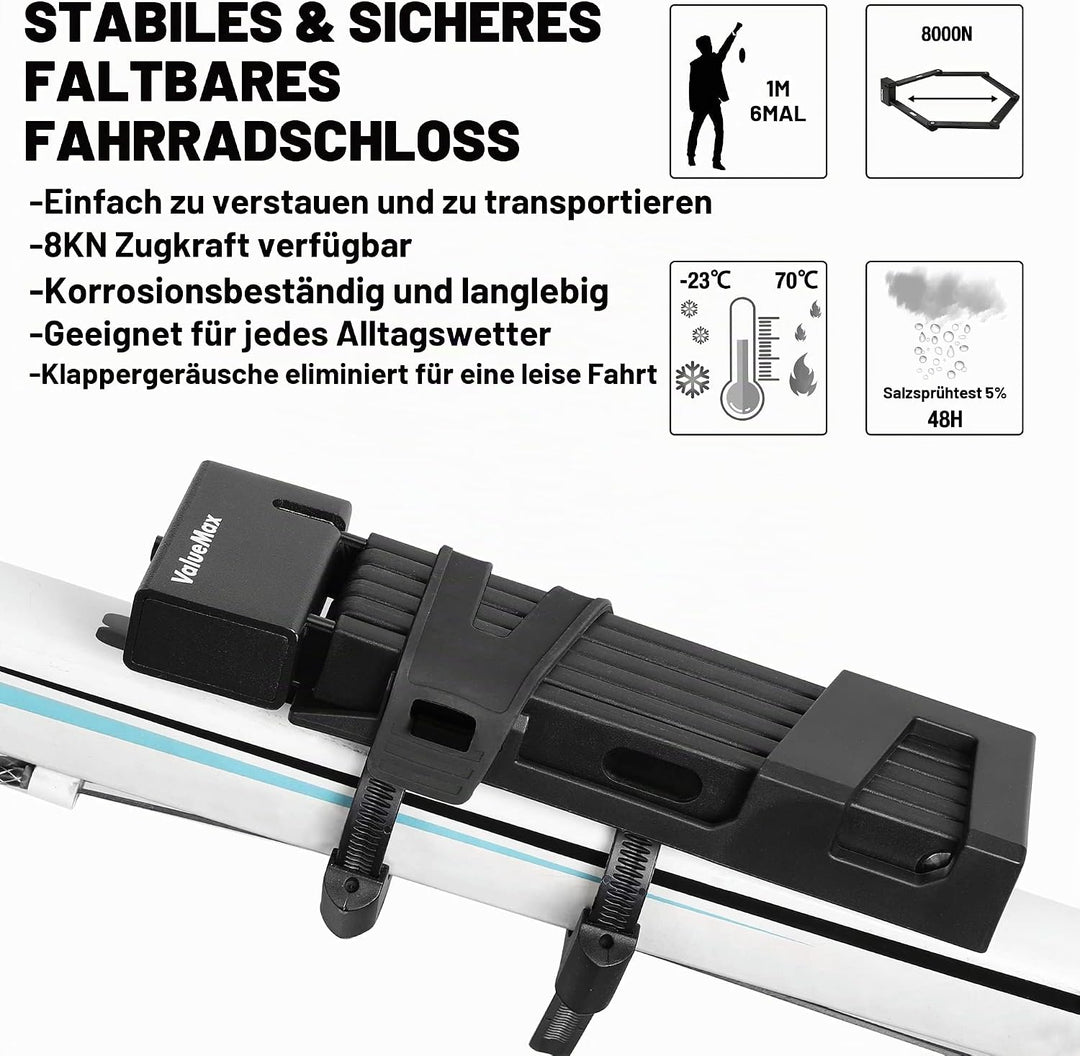 ValueMax Faltschloss mit Halterung, Fahrradschloss aus gehärtetem Stahl mit 2 Schlüssel, 100cm lang